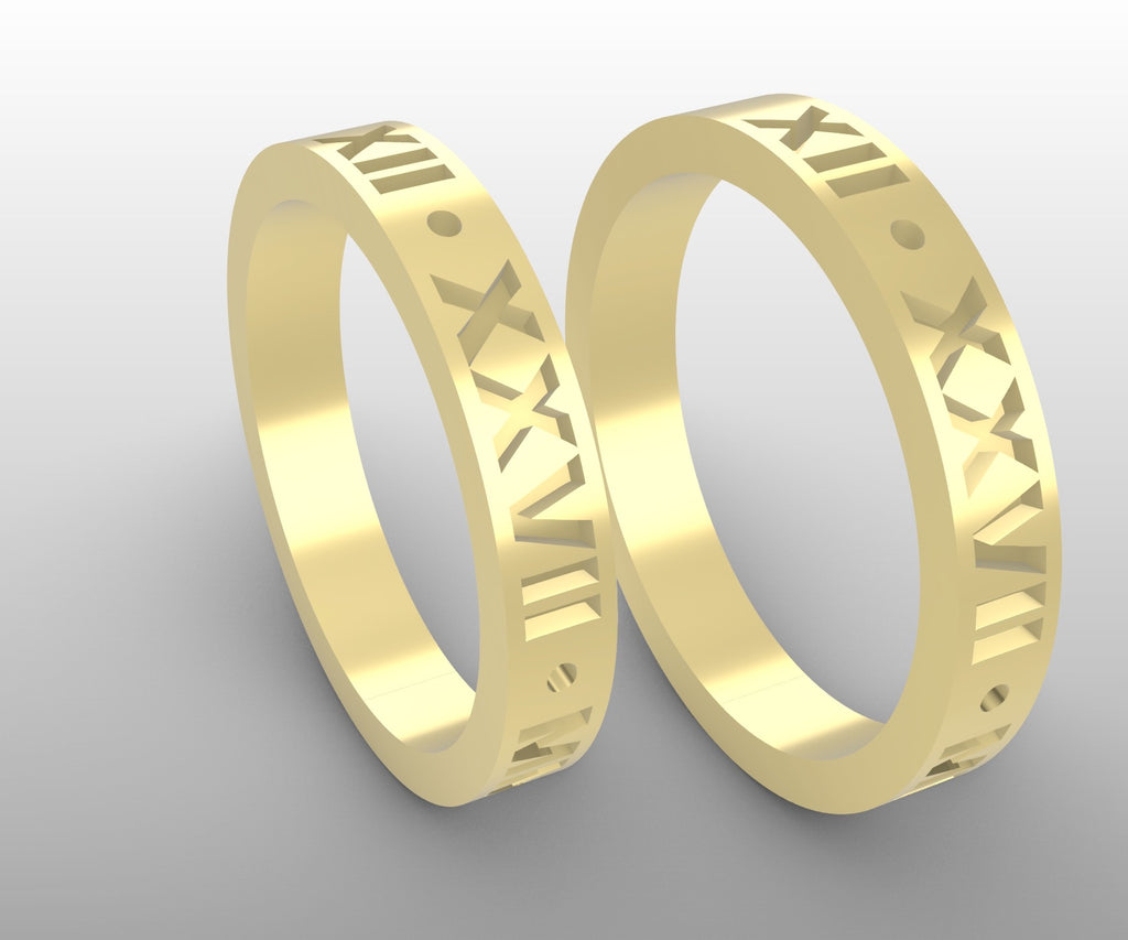 2 custom 10k yellow bands with Roman numerals | Adriana McNeely Designer & Goldsmith