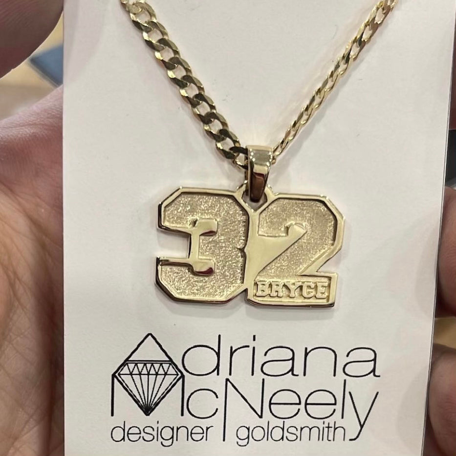 Gold Sports Number Pendant with Name
