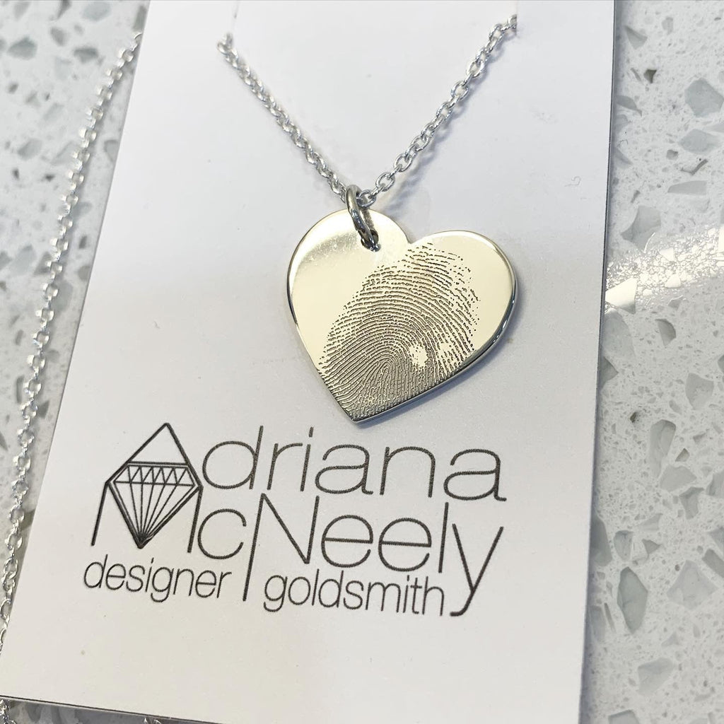 Engraved fingerprint heart pendant on chain | Adriana McNeely Designer & Goldsmith