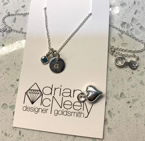 Engraved initial pendant with birthstone dangle | Adriana McNeely Designer & Goldsmith