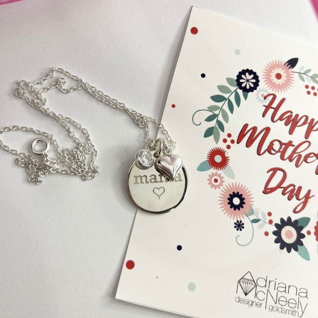 Mama necklace with heart and bezel crystal