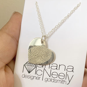 Engraved fingerprint heart pendant on chain | Adriana McNeely Designer & Goldsmith